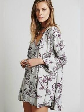 Free People | Snap Out Of It Floral Swing Dress Womens Size XS Gray Oversized b2
